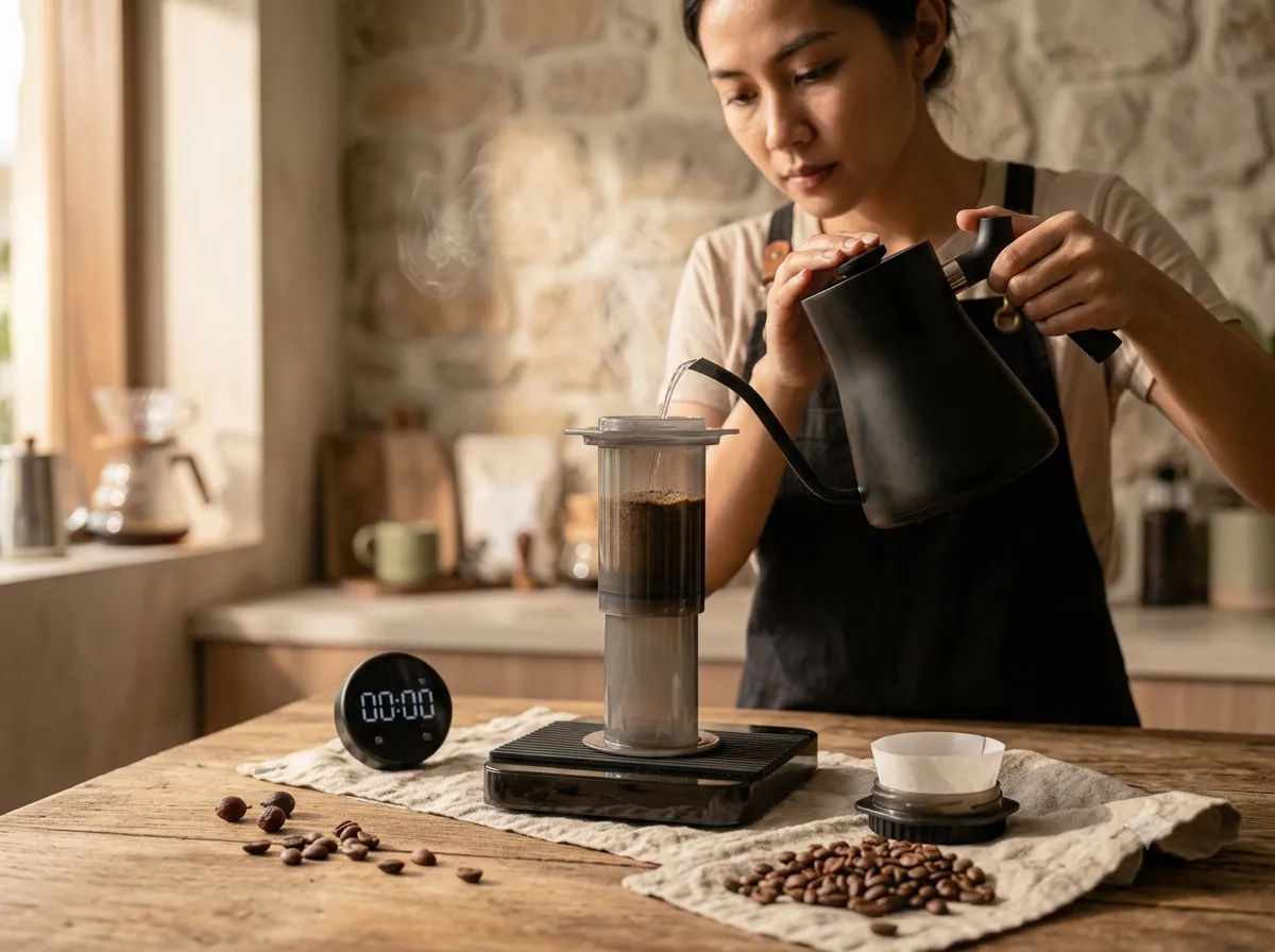 Visual panduan menyeduh kopi dengan metode AeroPress (Inverted)